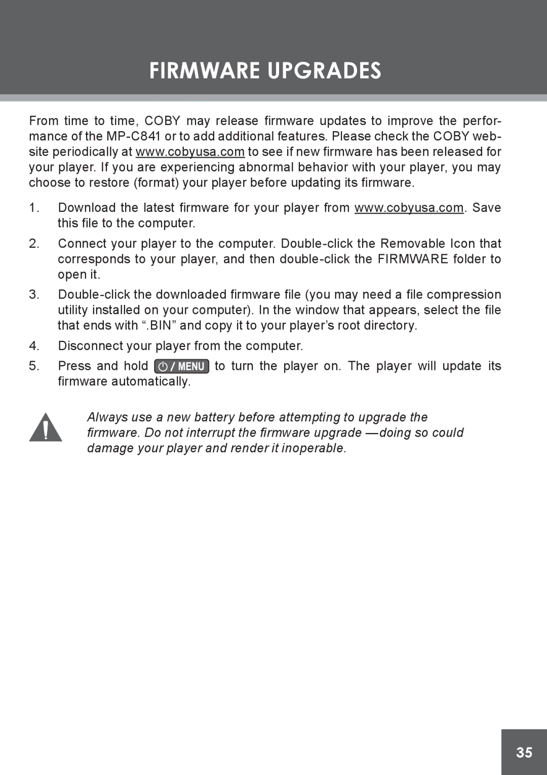 COBY electronic MP-C841 instruction manual Firmware Upgrades 