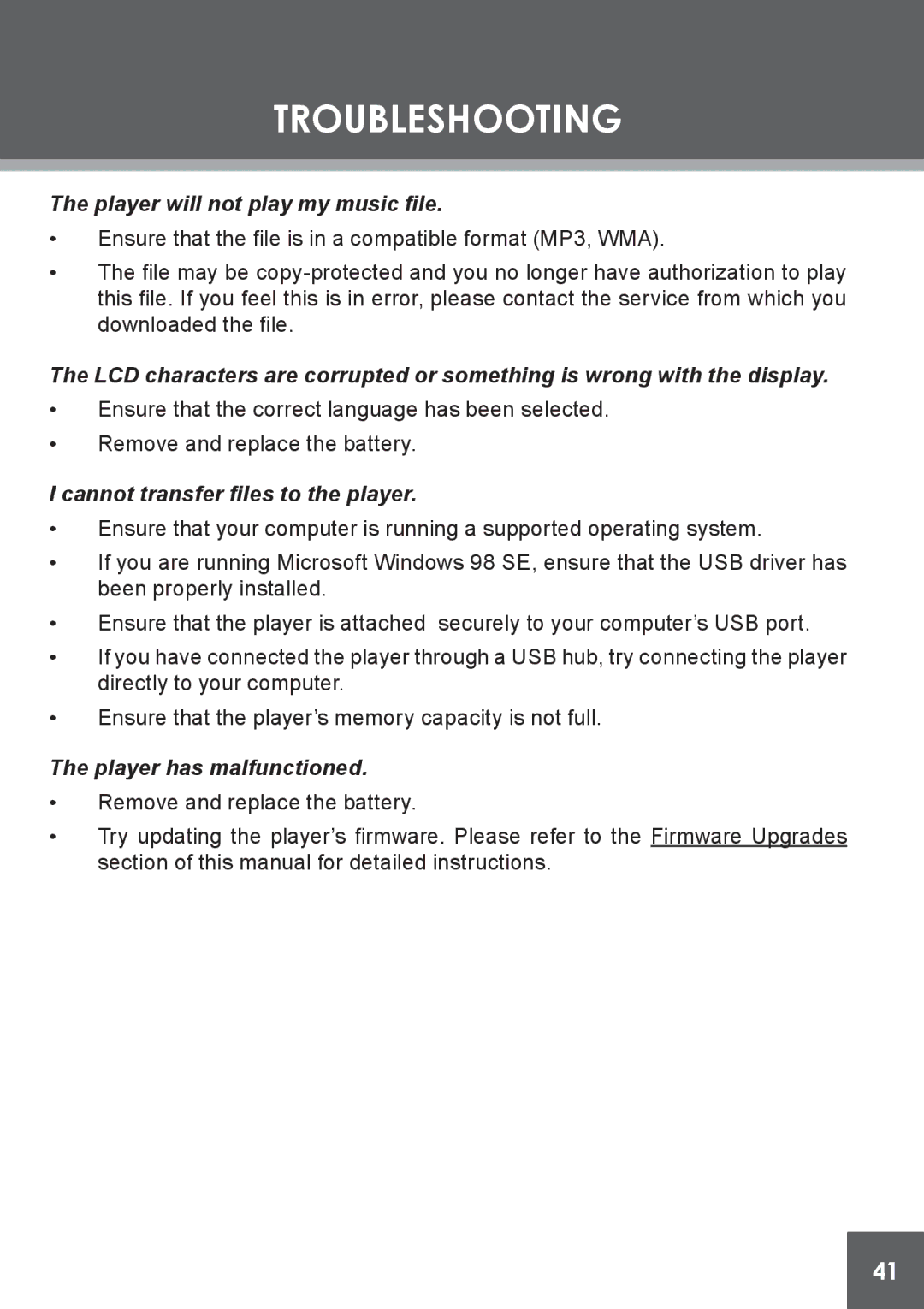 COBY electronic MP-C841 instruction manual Player will not play my music fle 