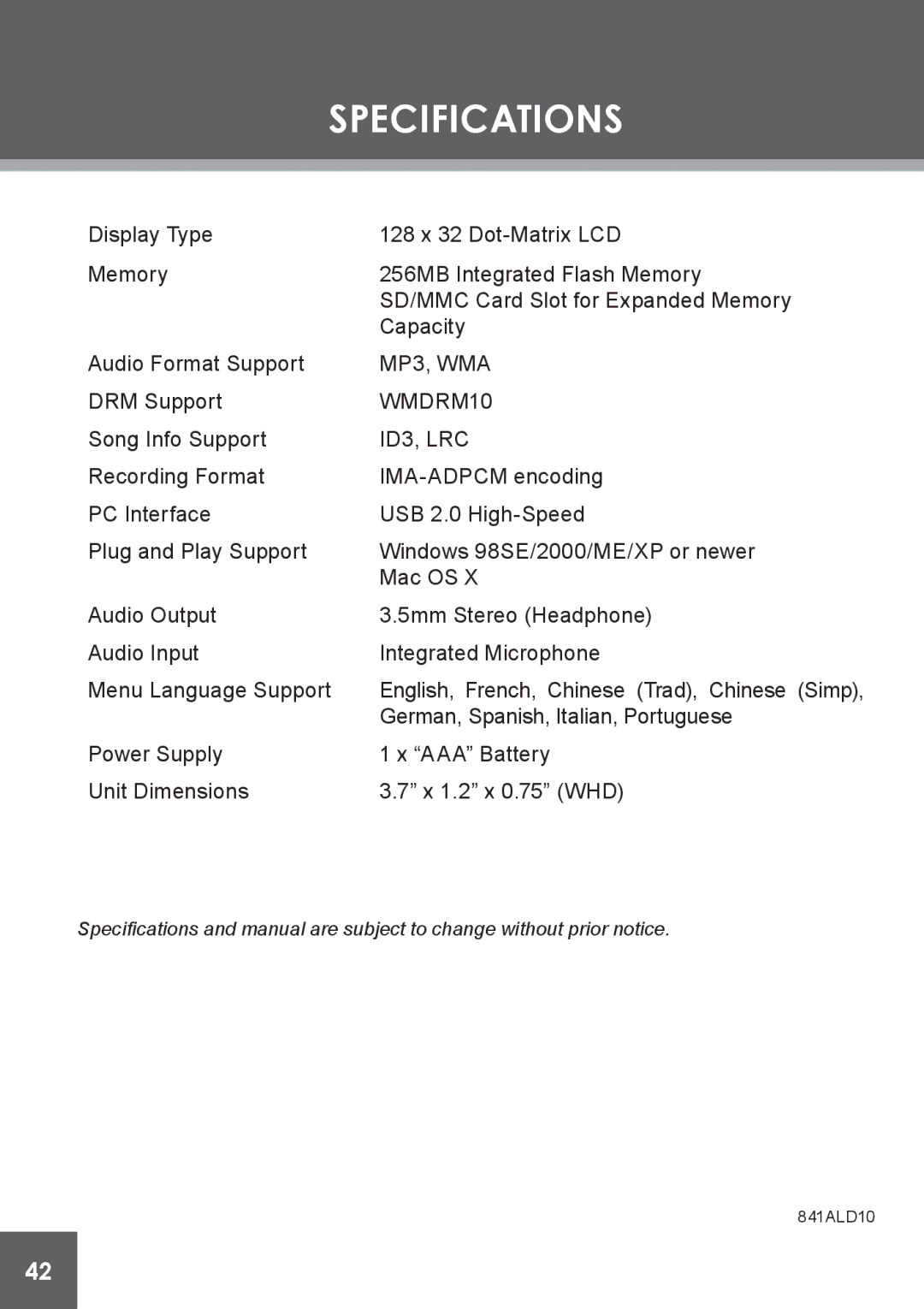 COBY electronic MP-C841 instruction manual Specifications, ID3, LRC 