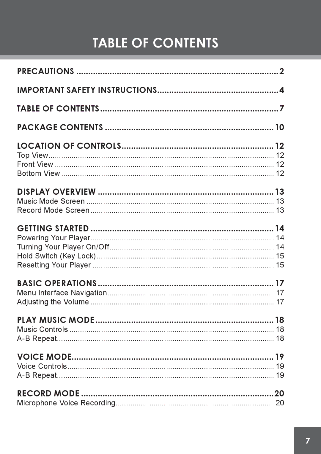 COBY electronic MP-C841 instruction manual Table of Contents 