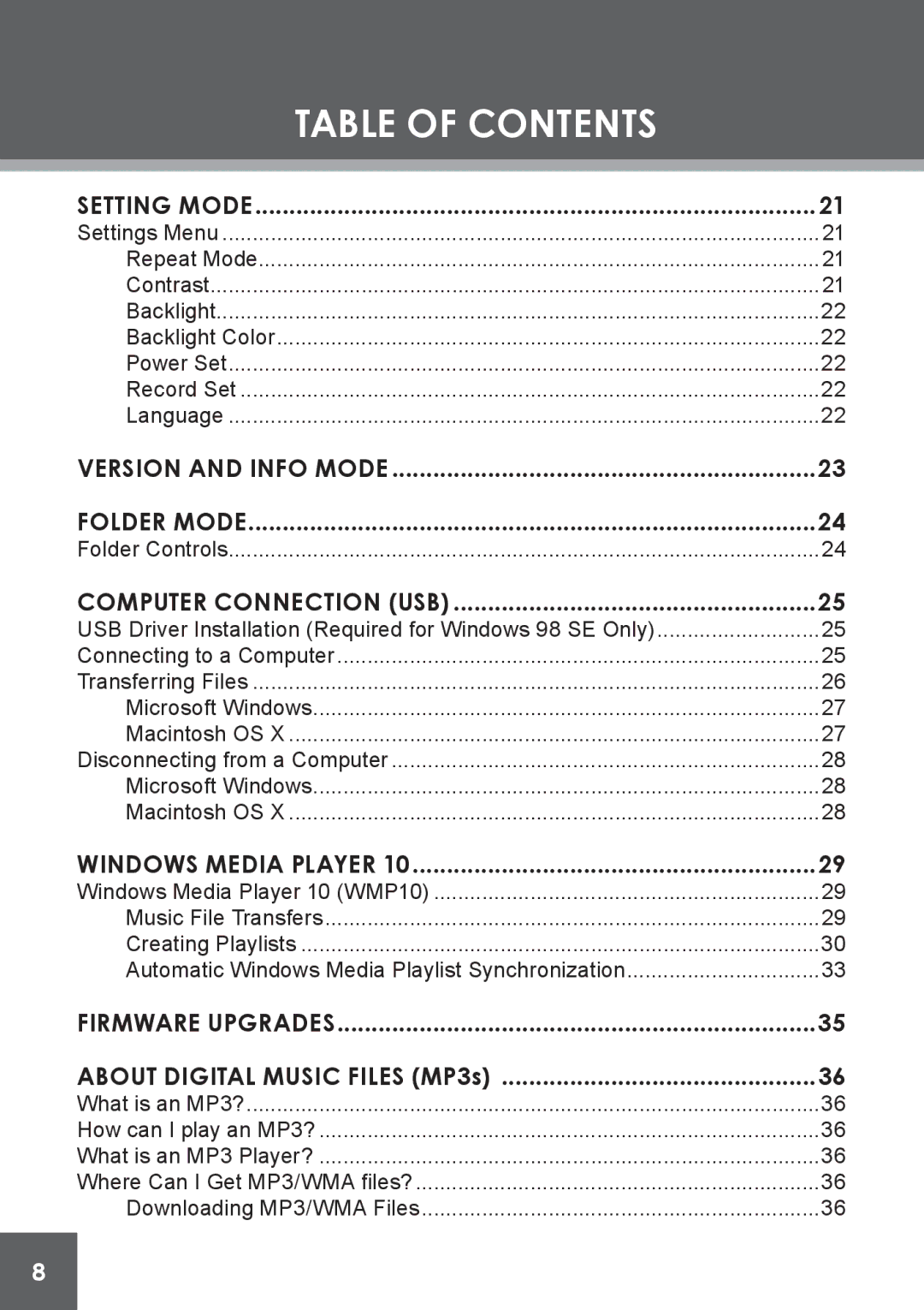 COBY electronic MP-C841 instruction manual Setting Mode 