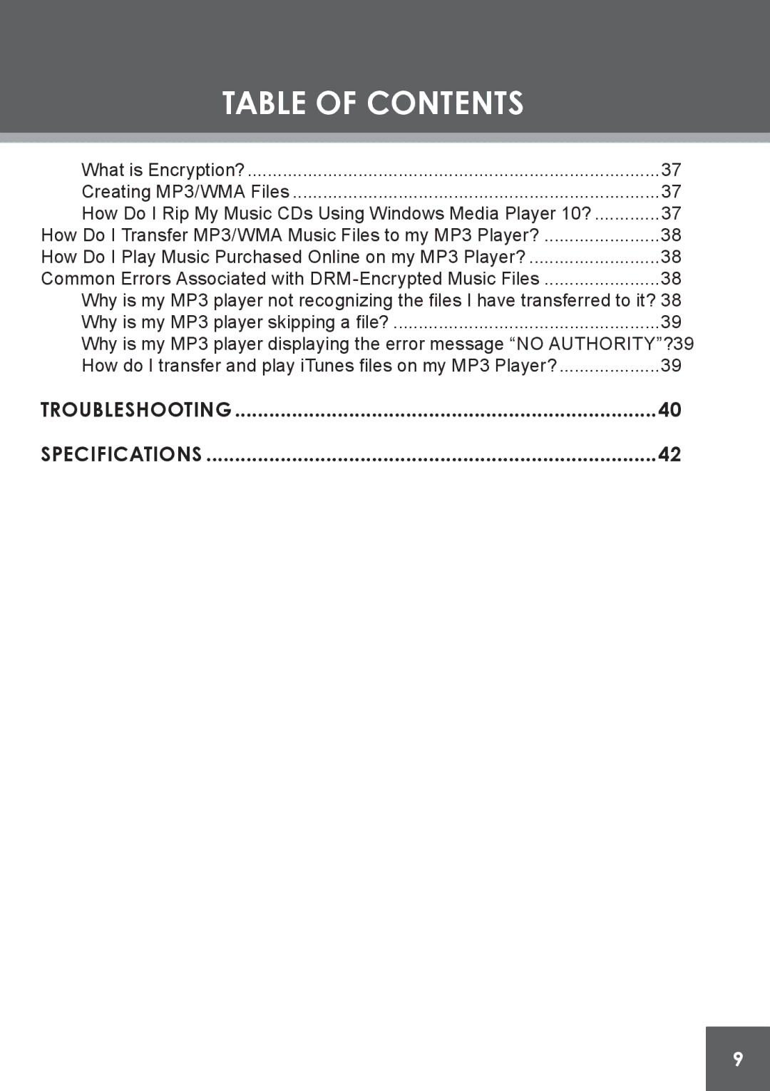 COBY electronic MP-C841 instruction manual Troubleshooting Specifications 