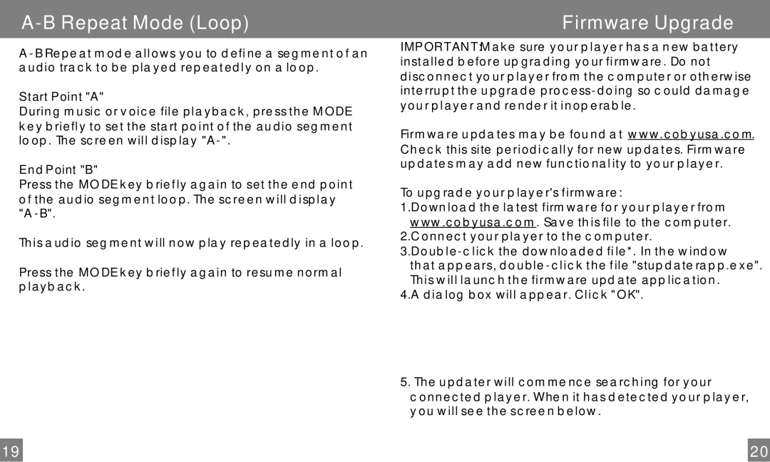 COBY electronic MP-C848 user manual Repeat Mode Loop, Firmware Upgrade, Start Point a, End Point B 