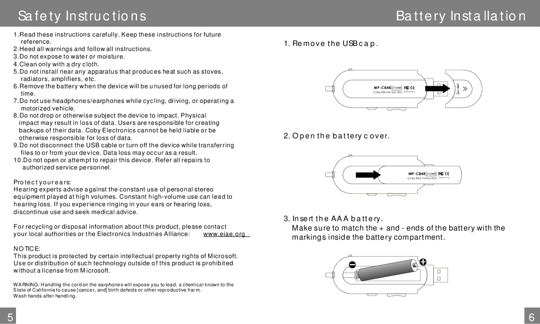 COBY electronic MP-C848 user manual Safety Instructions, Battery Installation 