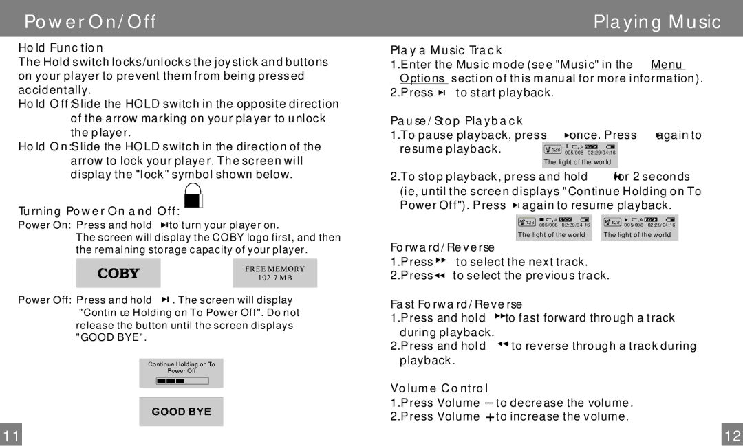 COBY electronic MP-C848 user manual Power On/Off, Playing Music 