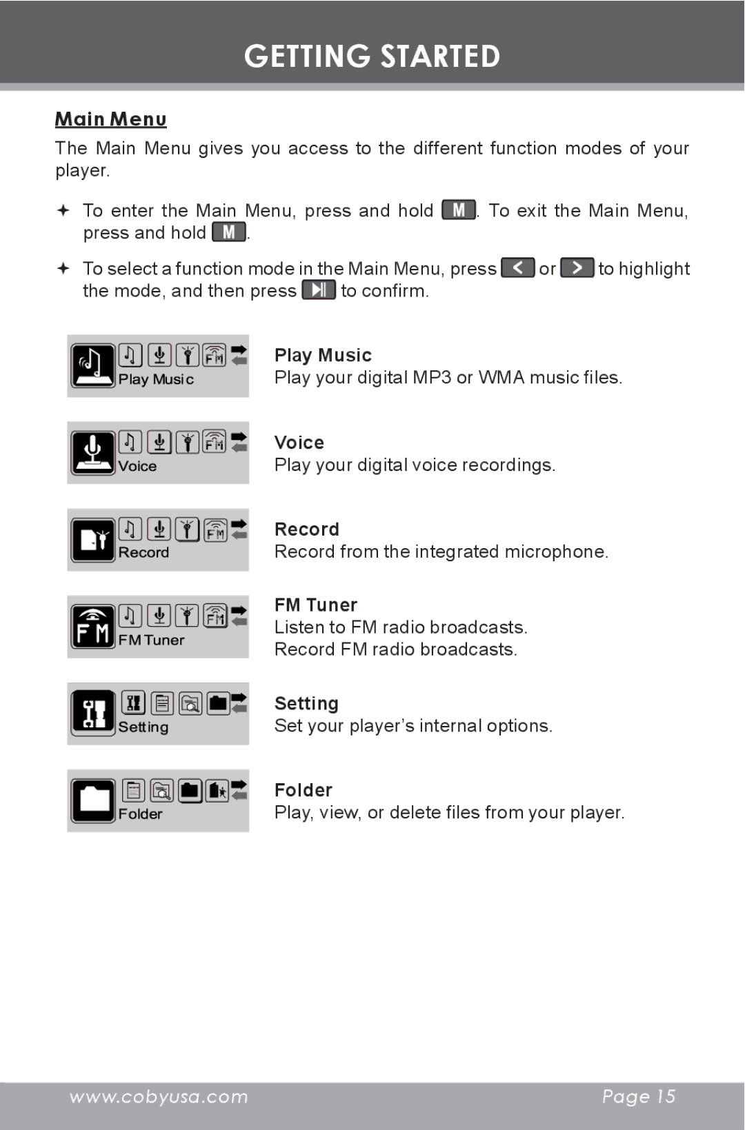 COBY electronic MP-C855 instruction manual Main Menu 