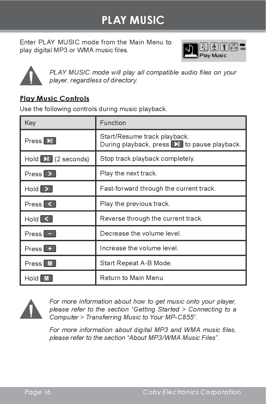 COBY electronic MP-C855 instruction manual Play Music Controls 