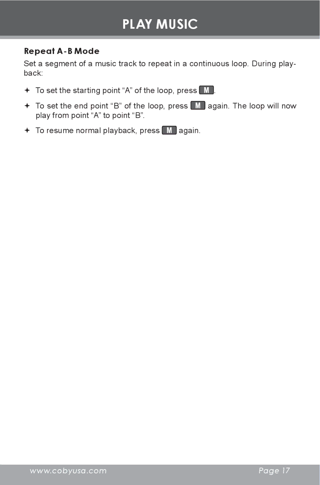 COBY electronic MP-C855 instruction manual Repeat A-B Mode 