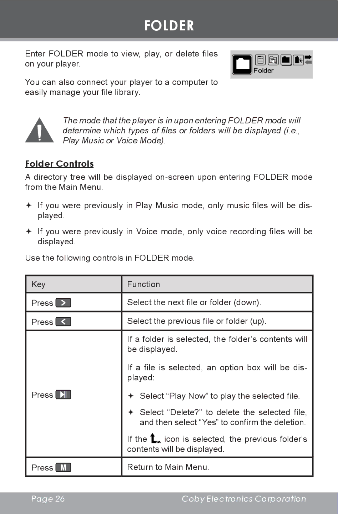 COBY electronic MP-C855 instruction manual Folder Controls 