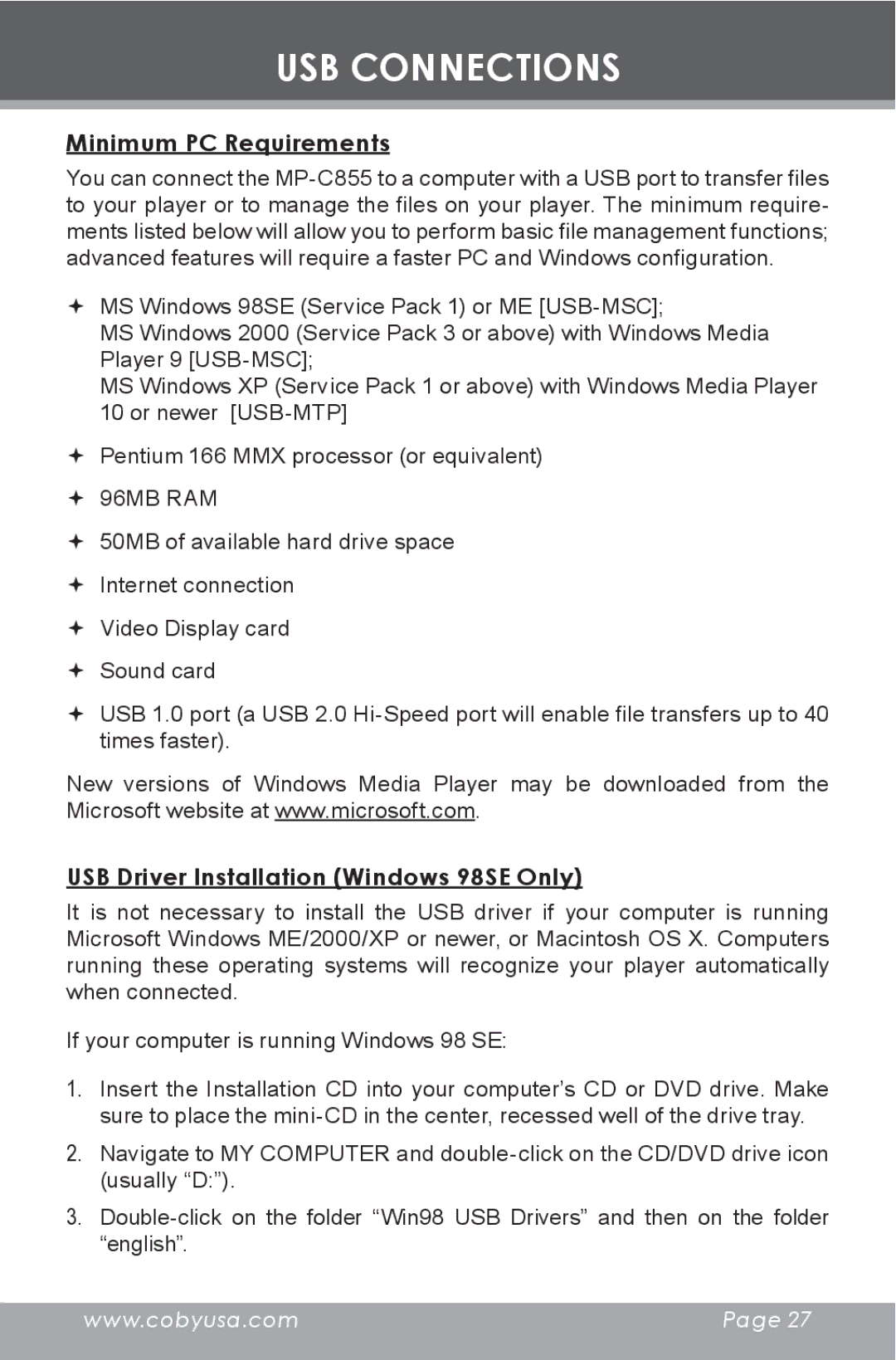 COBY electronic MP-C855 USB Connections, Minimum PC Requirements, USB Driver Installation Windows 98SE Only 