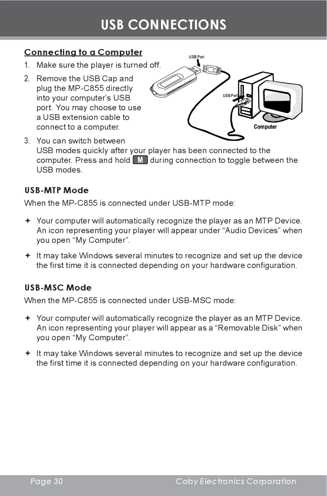 COBY electronic MP-C855 instruction manual Connecting to a Computer, USB-MTP Mode, USB-MSC Mode 