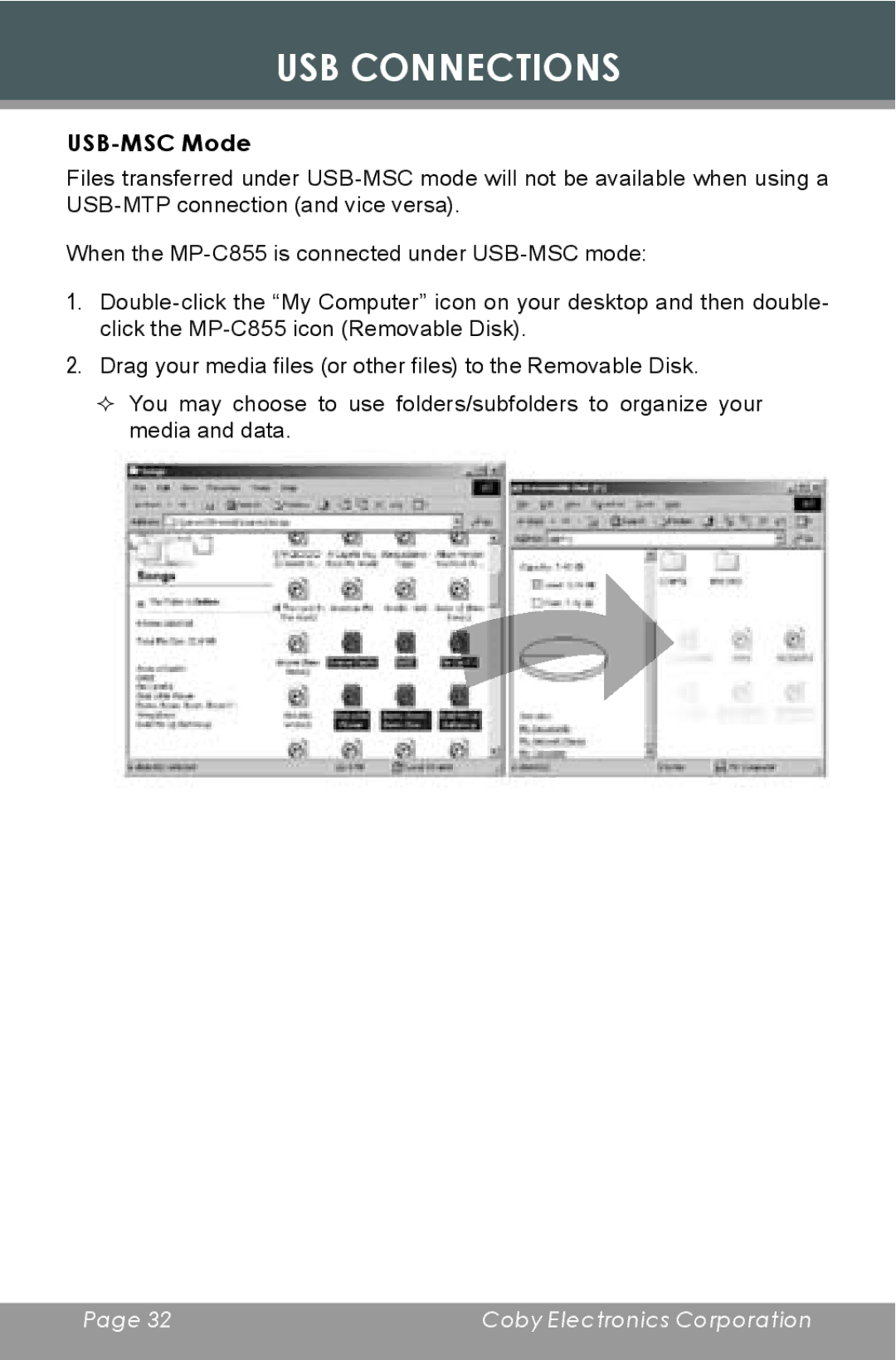 COBY electronic MP-C855 instruction manual USB Connections 