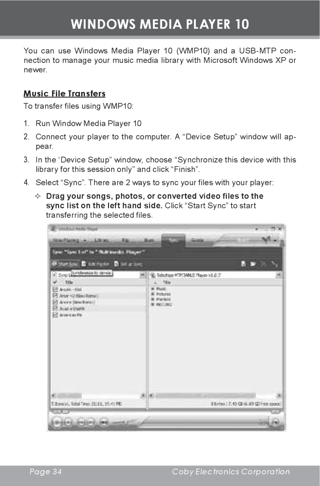 COBY electronic MP-C855 instruction manual Windows Media Player, Music File Transfers 