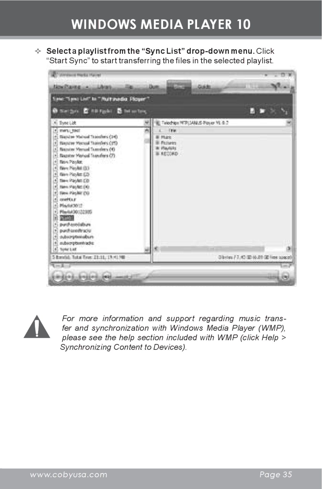 COBY electronic MP-C855 instruction manual  Select a playlist from the Sync List drop-down menu. Click 