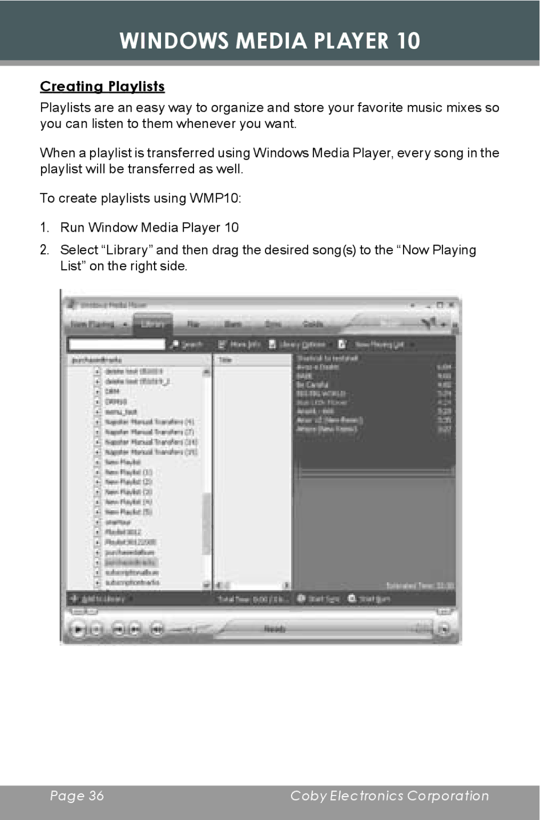 COBY electronic MP-C855 instruction manual Creating Playlists 