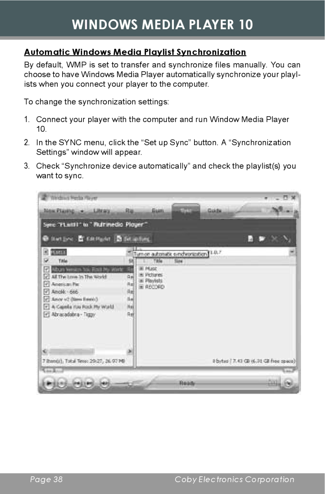 COBY electronic MP-C855 instruction manual Automatic Windows Media Playlist Synchronization 