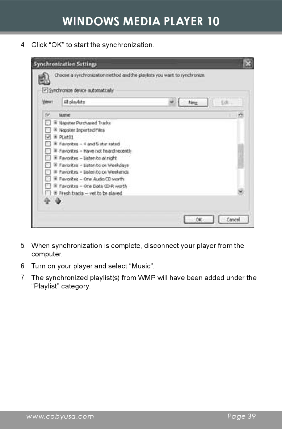 COBY electronic MP-C855 instruction manual Windows Media Player 