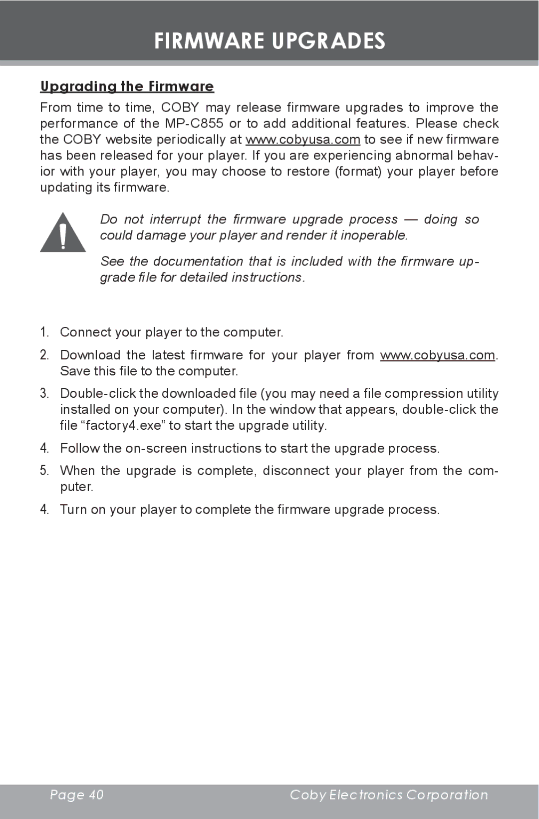 COBY electronic MP-C855 instruction manual Firmware Upgrades, Upgrading the Firmware 