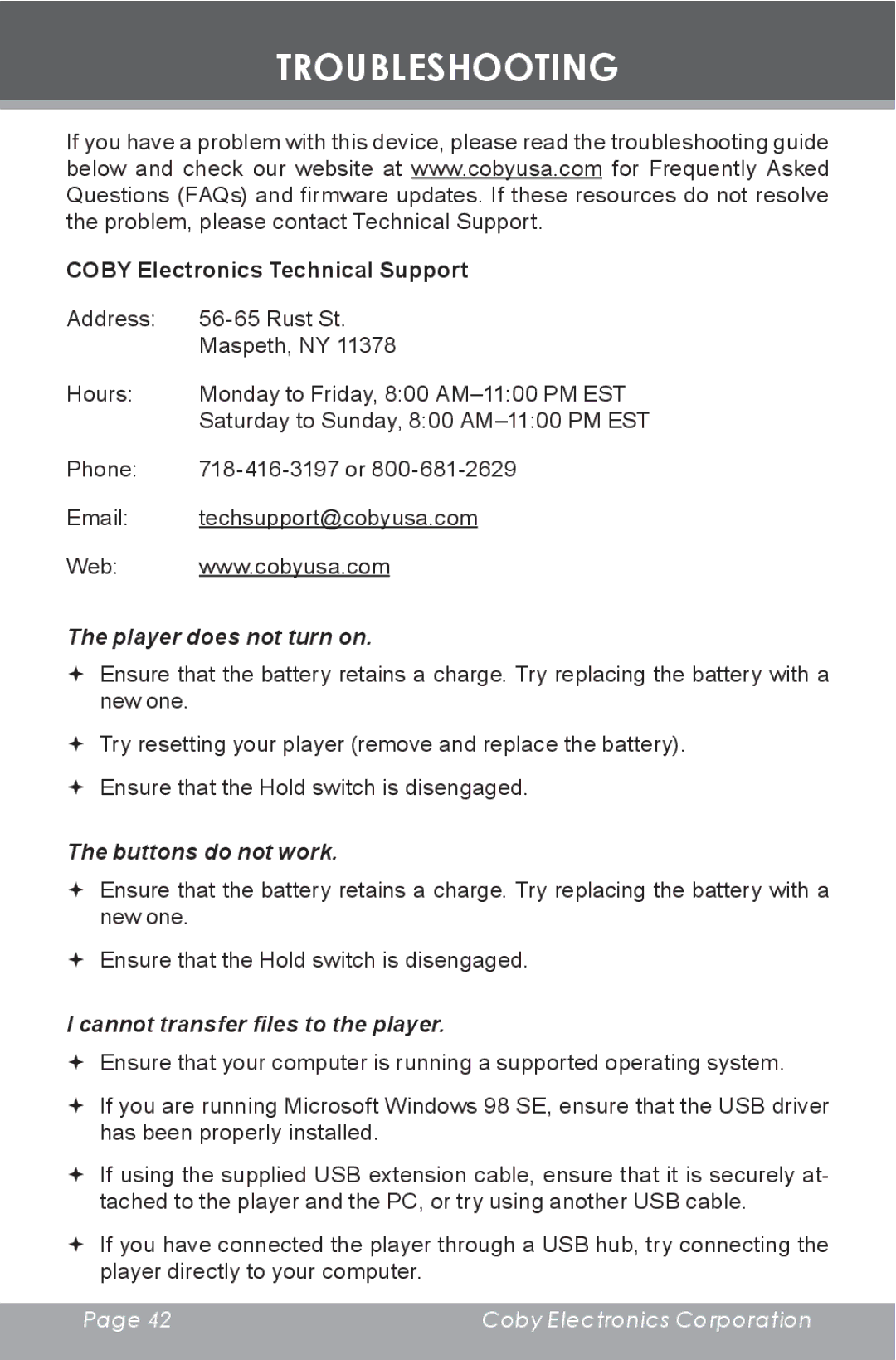 COBY electronic MP-C855 instruction manual Troubleshooting, Coby Electronics Technical Support 