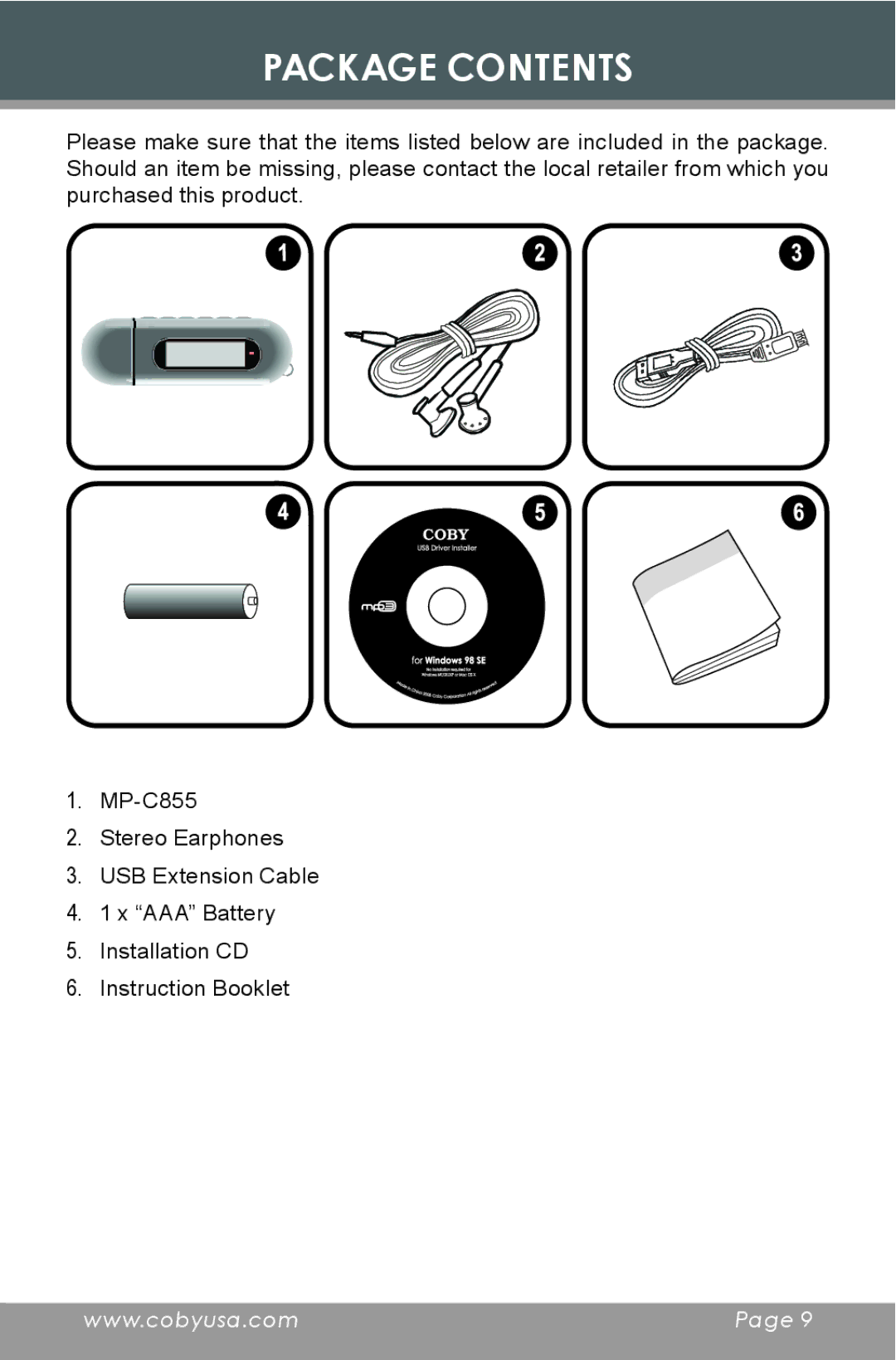 COBY electronic MP-C855 instruction manual Package Contents 