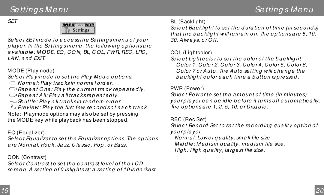 COBY electronic MP-C858 user manual Settings Menu 