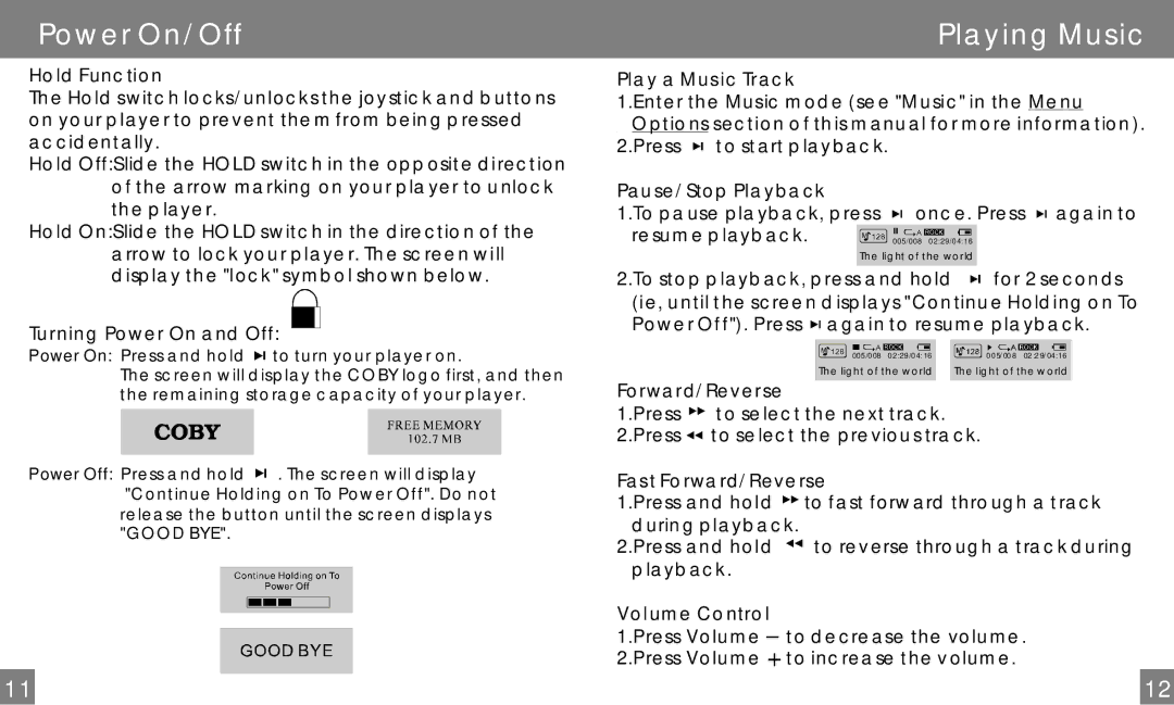 COBY electronic MP-C858 user manual Power On/Off, Playing Music 