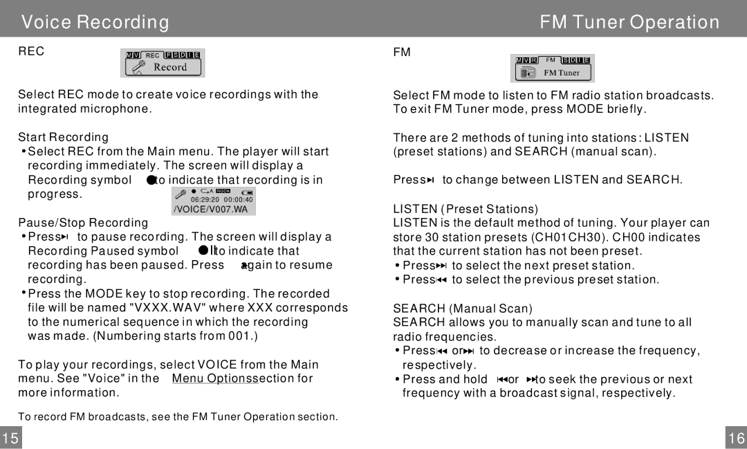 COBY electronic MP-C858 user manual FM Tuner Operation, Listen Preset Stations, Search Manual Scan 