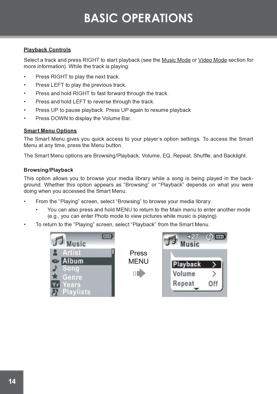 COBY electronic MP-C945 instruction manual Playback Controls, Smart Menu Options, Browsing/Playback 