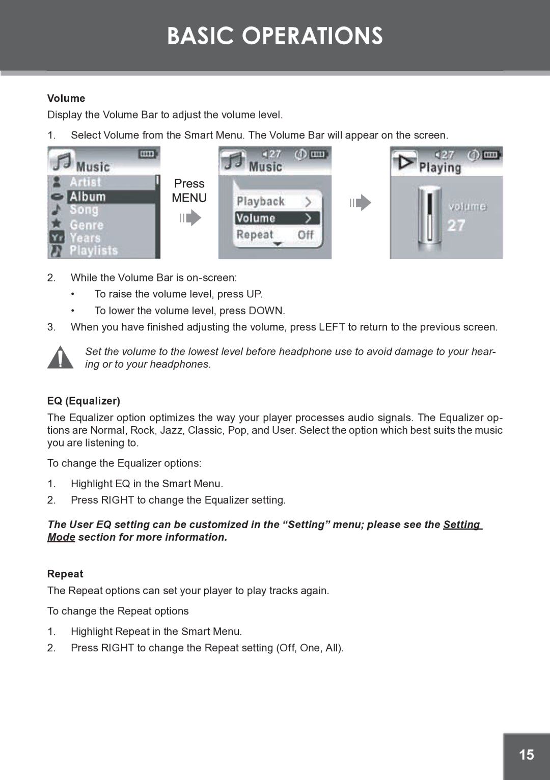 COBY electronic MP-C945 instruction manual Volume, EQ Equalizer, Repeat 