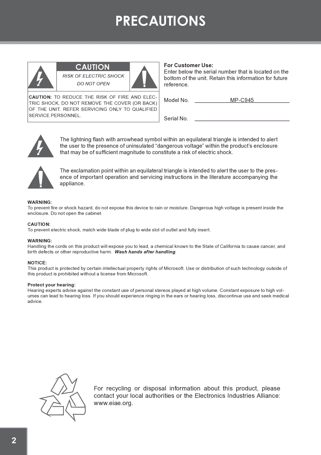 COBY electronic MP-C945 instruction manual Precautions, For Customer Use 