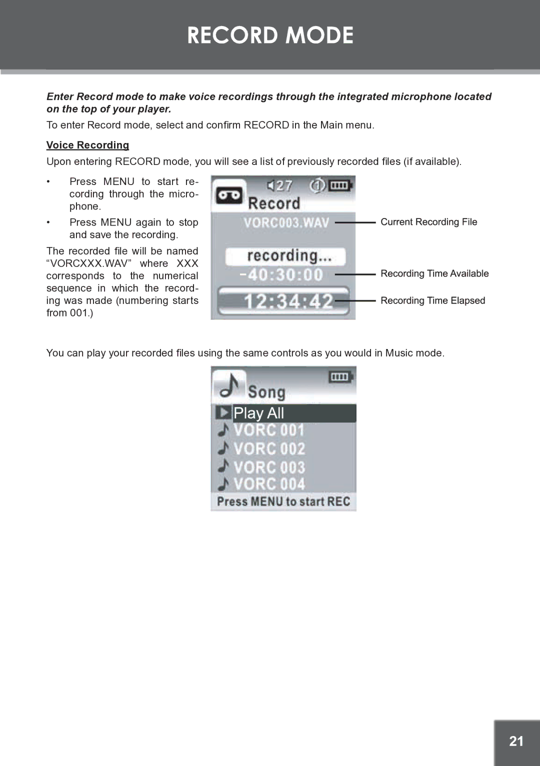 COBY electronic MP-C945 instruction manual Record Mode, Voice Recording 