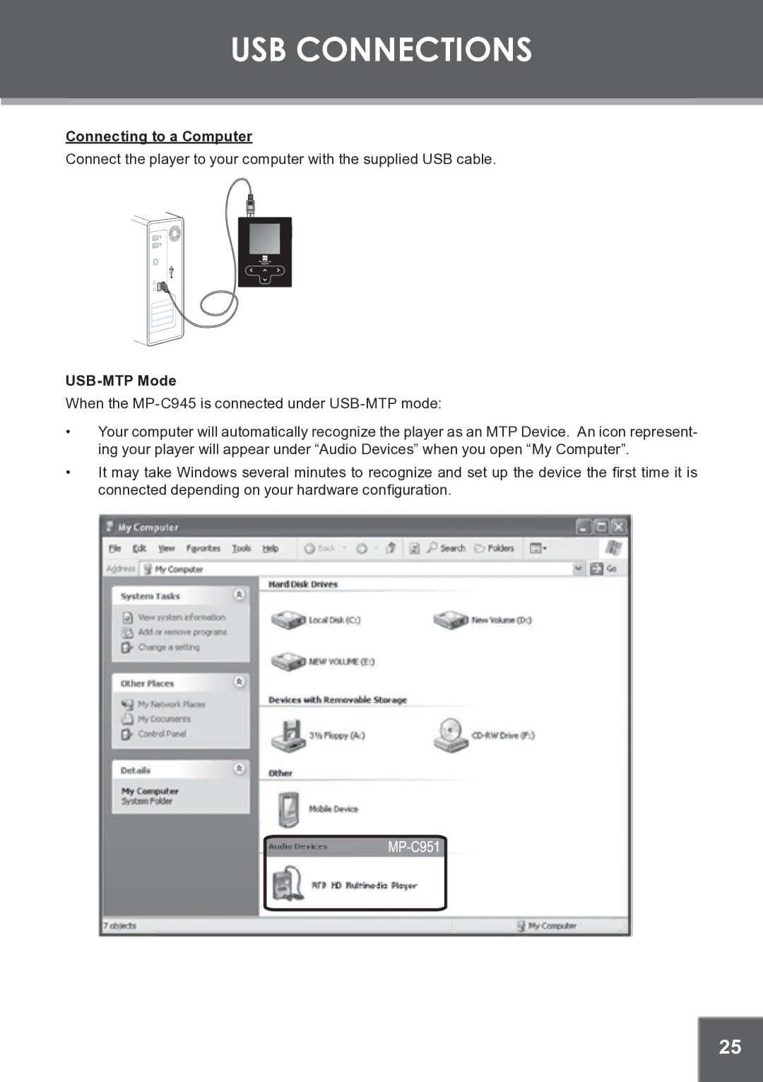 COBY electronic MP-C945 instruction manual Connecting to a Computer, USB-MTP Mode 