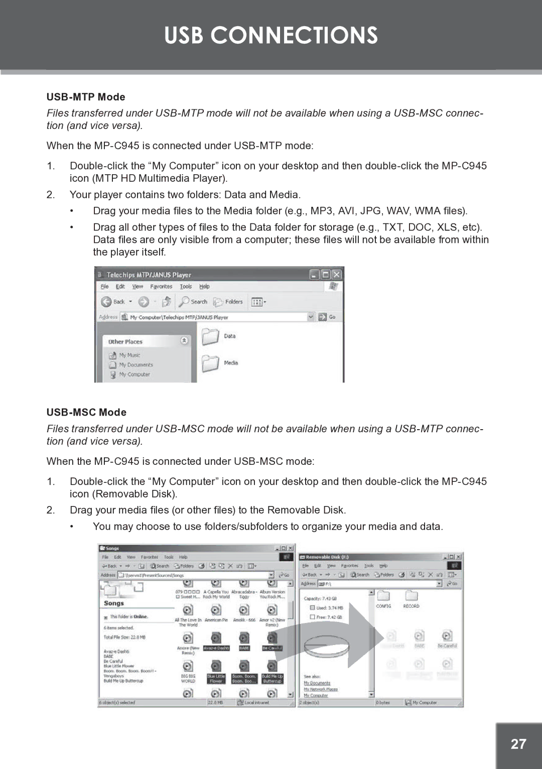 COBY electronic MP-C945 instruction manual USB Connections 