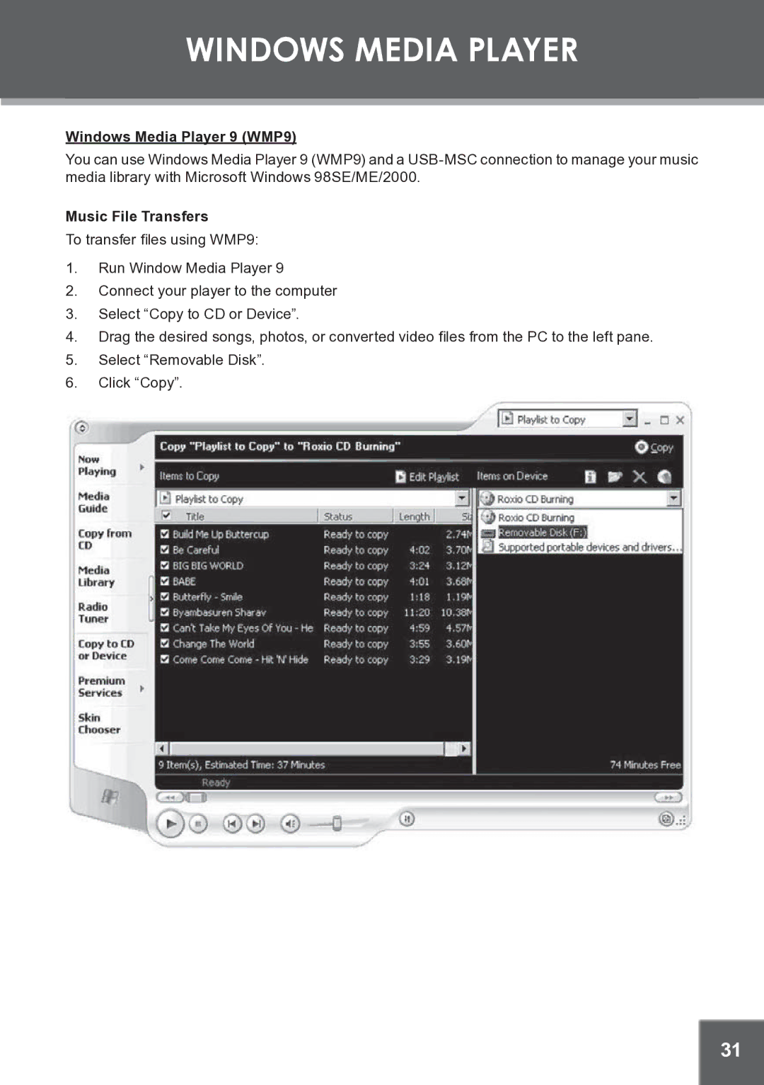 COBY electronic MP-C945 instruction manual Windows Media Player 9 WMP9, Music File Transfers 