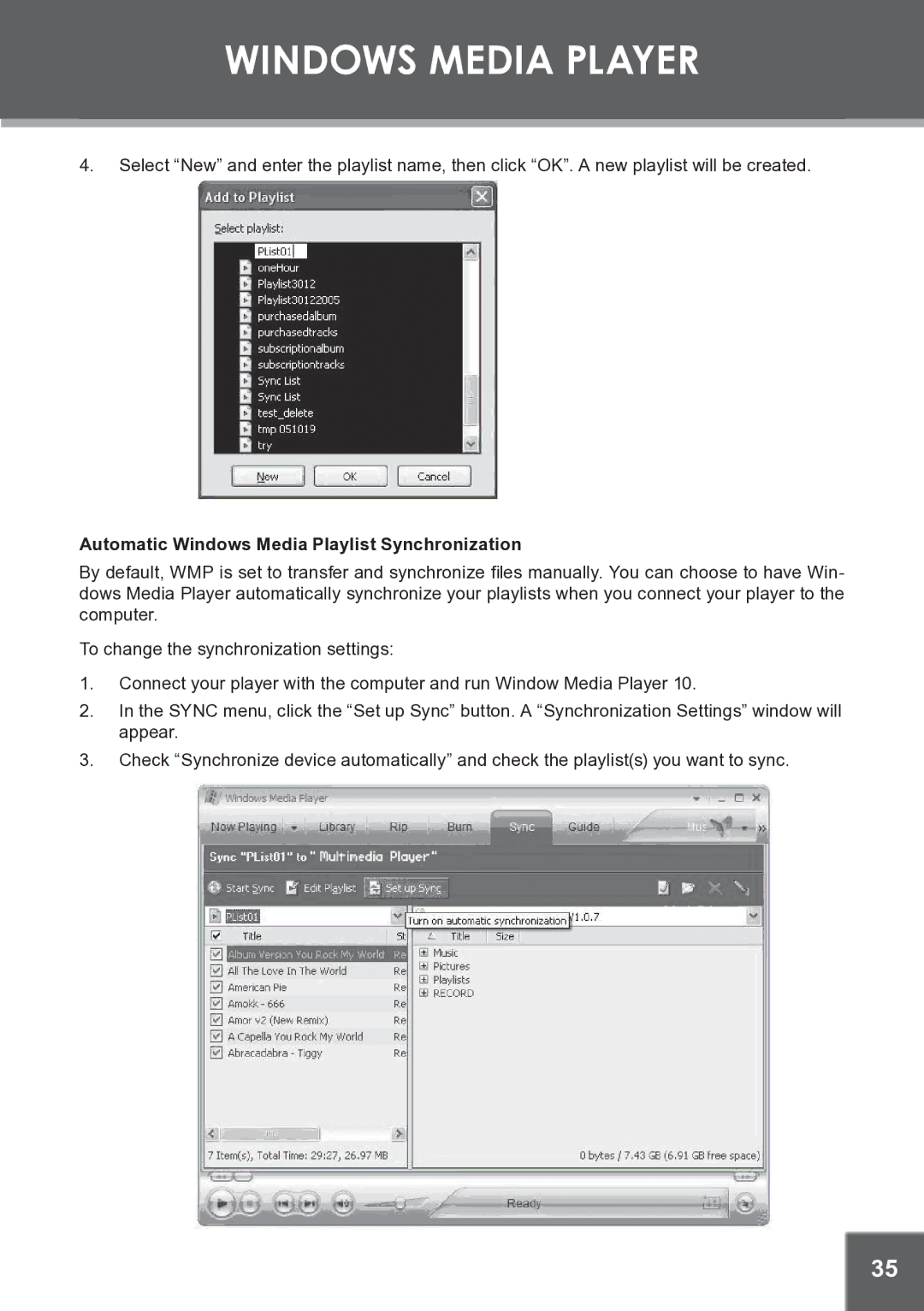 COBY electronic MP-C945 instruction manual Automatic Windows Media Playlist Synchronization 