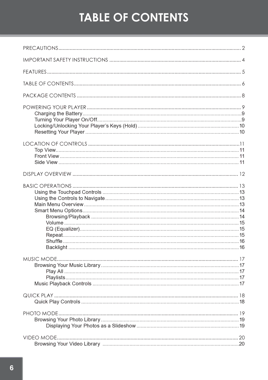 COBY electronic MP-C945 instruction manual Table of Contents 