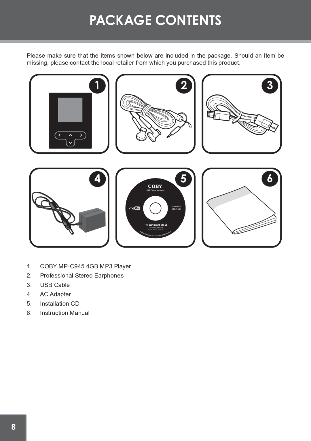 COBY electronic MP-C945 instruction manual Package Contents 