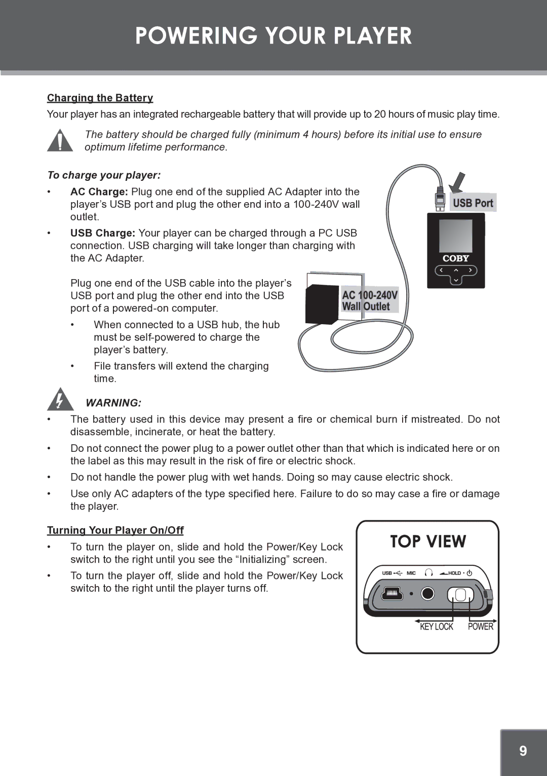 COBY electronic MP-C945 instruction manual Powering Your Player, Charging the Battery, To charge your player, Wall Outlet 