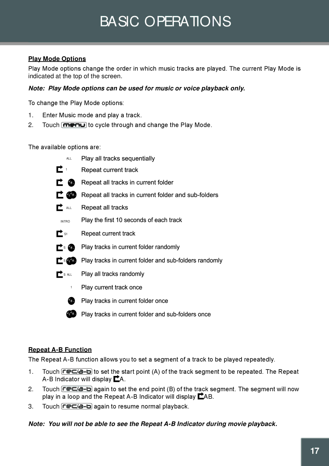 COBY electronic MP-C951 instruction manual Play Mode Options, Repeat A-B Function 