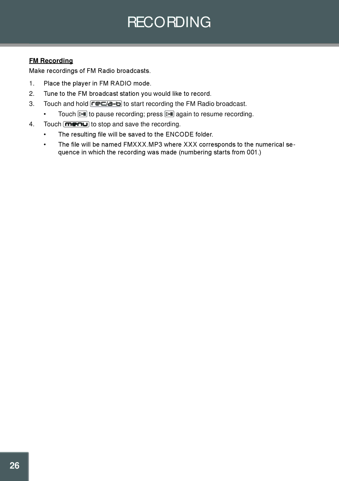 COBY electronic MP-C951 instruction manual FM Recording 