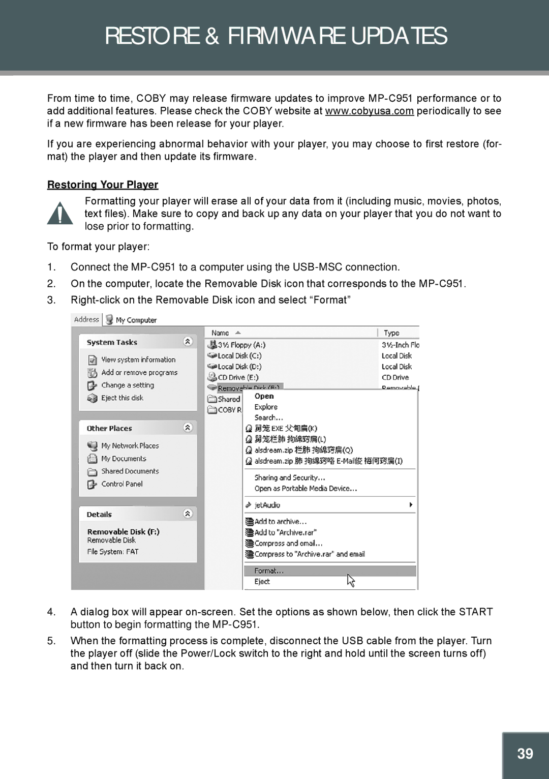 COBY electronic MP-C951 instruction manual Restore & Firmware Updates, Restoring Your Player 