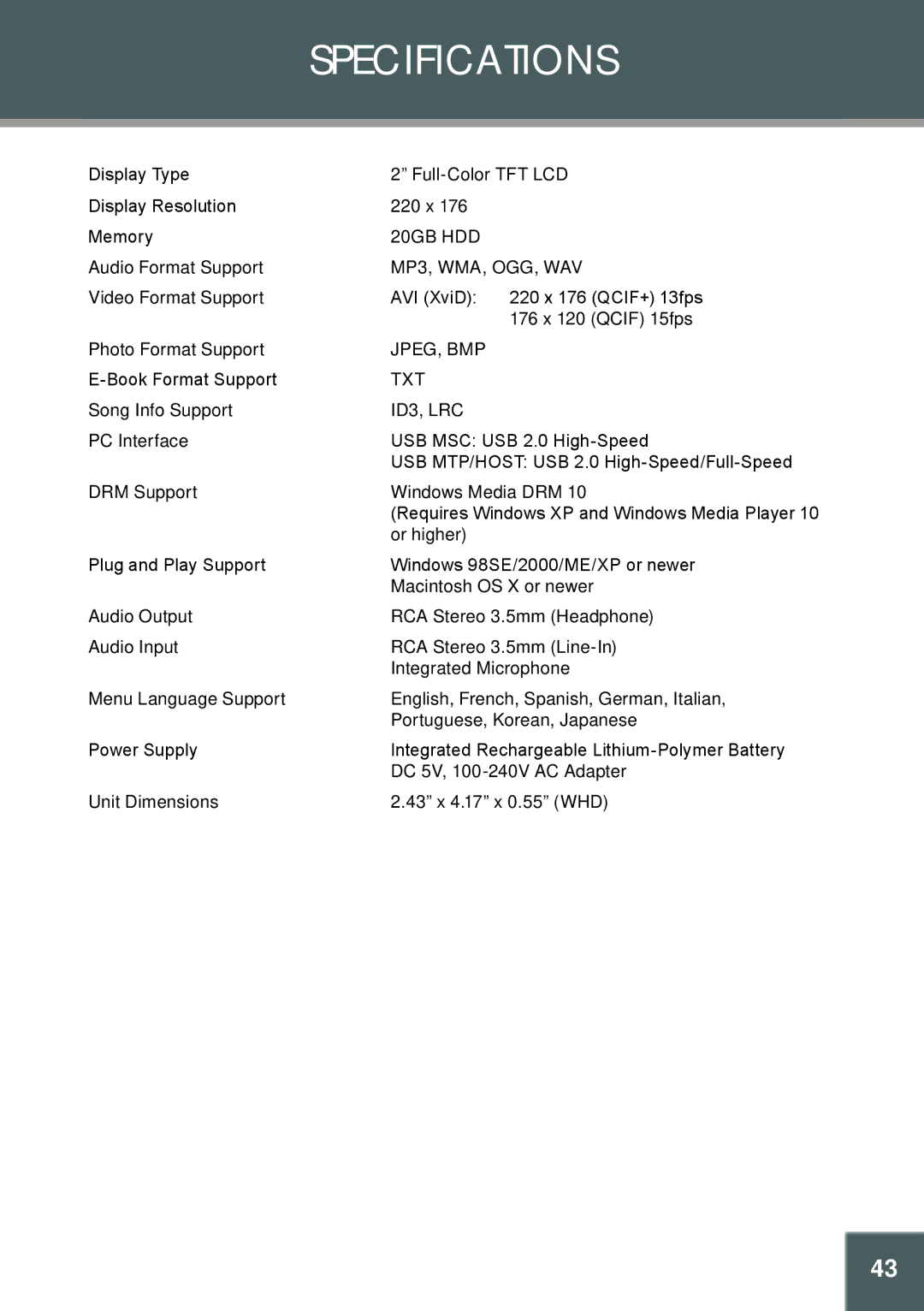 COBY electronic MP-C951 instruction manual Specifications, MP3, WMA, OGG, WAV 