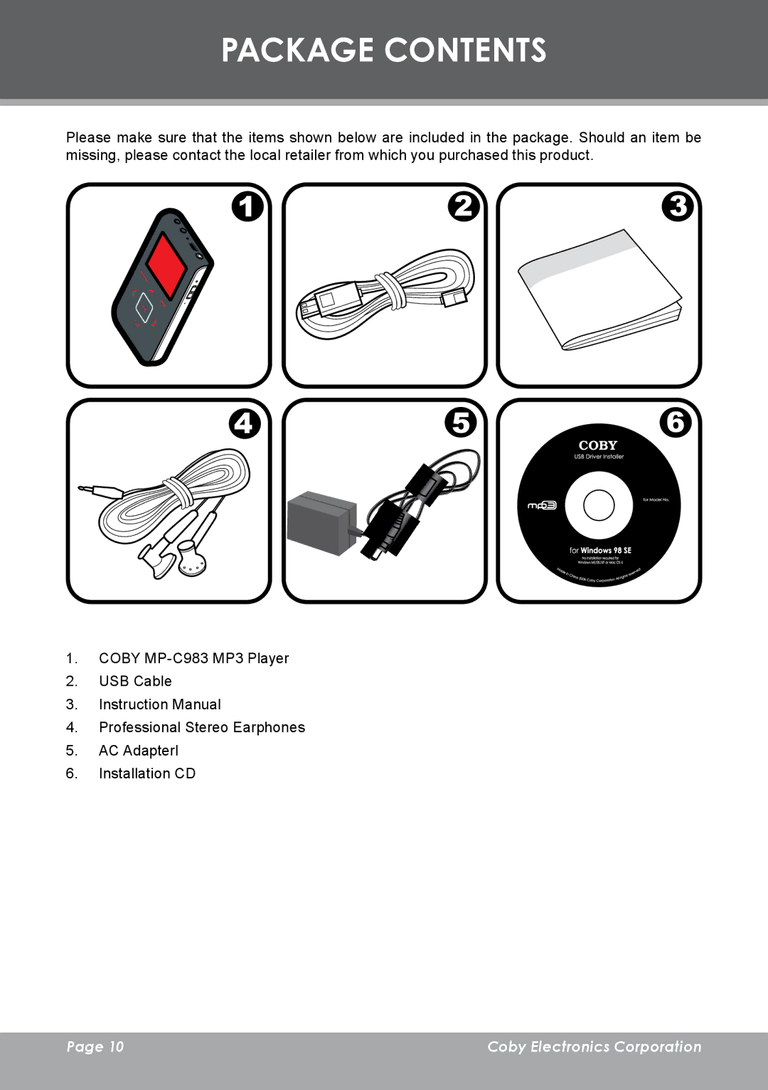 COBY electronic MP-C983 instruction manual Package Contents 