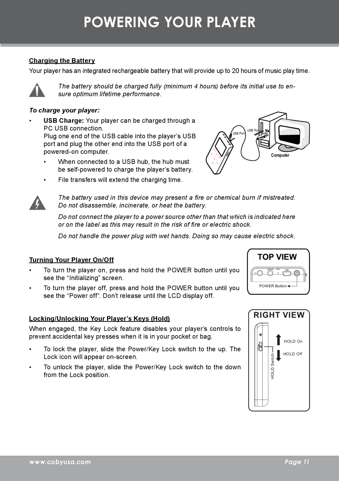 COBY electronic MP-C983 Powering Your Player, Charging the Battery, To charge your player, Turning Your Player On/Off 