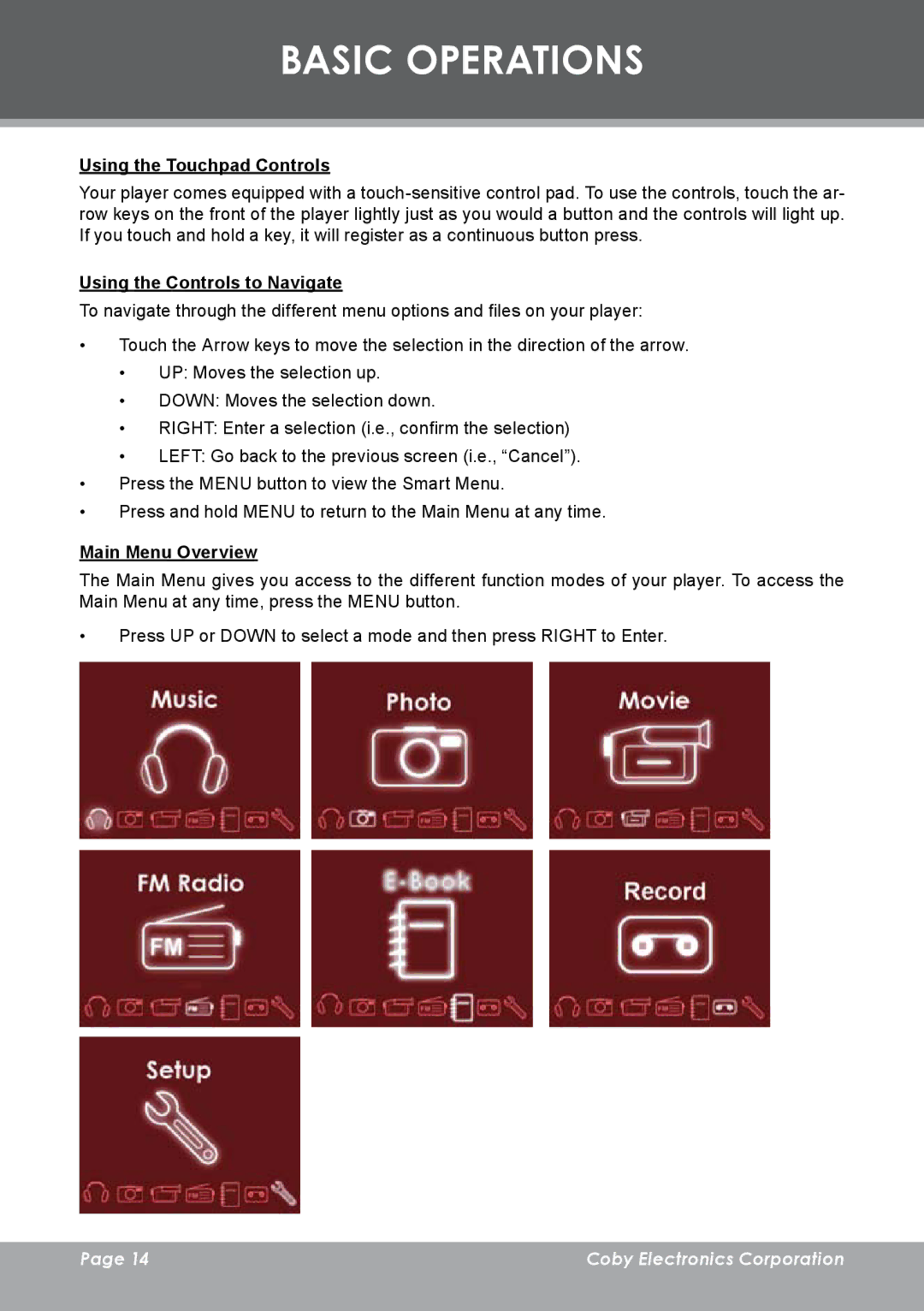 COBY electronic MP-C983 Basic Operations, Using the Touchpad Controls, Using the Controls to Navigate, Main Menu Overview 