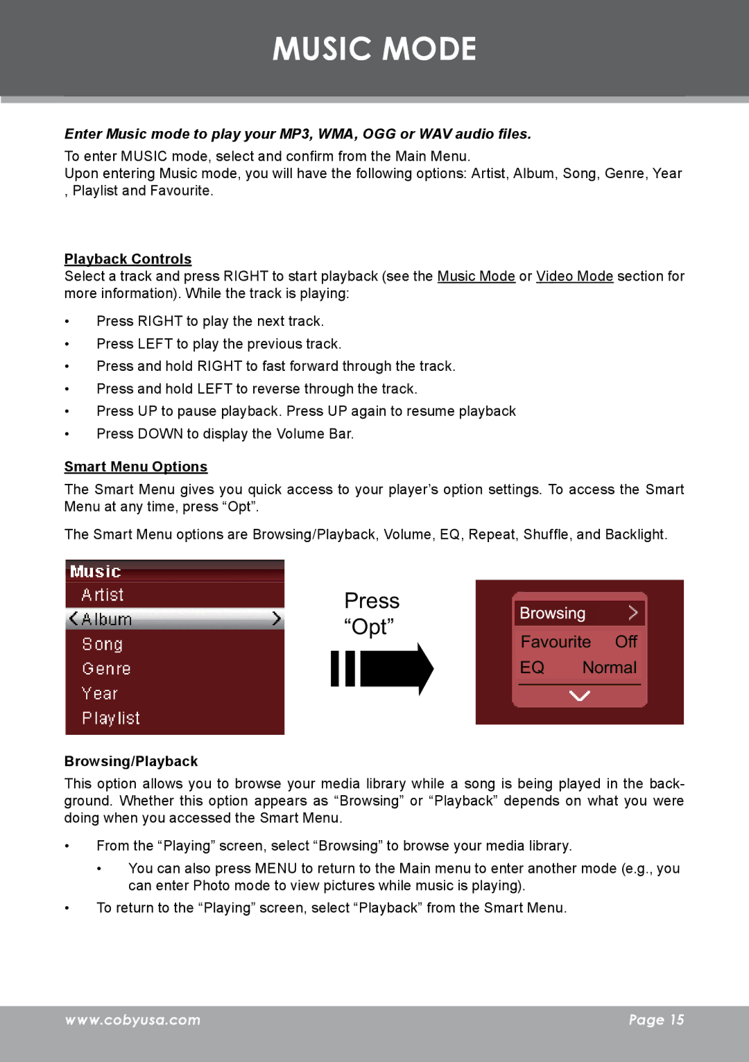 COBY electronic MP-C983 instruction manual Music Mode, Playback Controls, Smart Menu Options, Browsing/Playback 