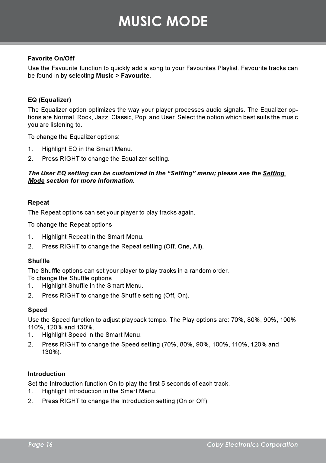 COBY electronic MP-C983 instruction manual Favorite On/Off, EQ Equalizer, Repeat, Shuffle, Speed, Introduction 
