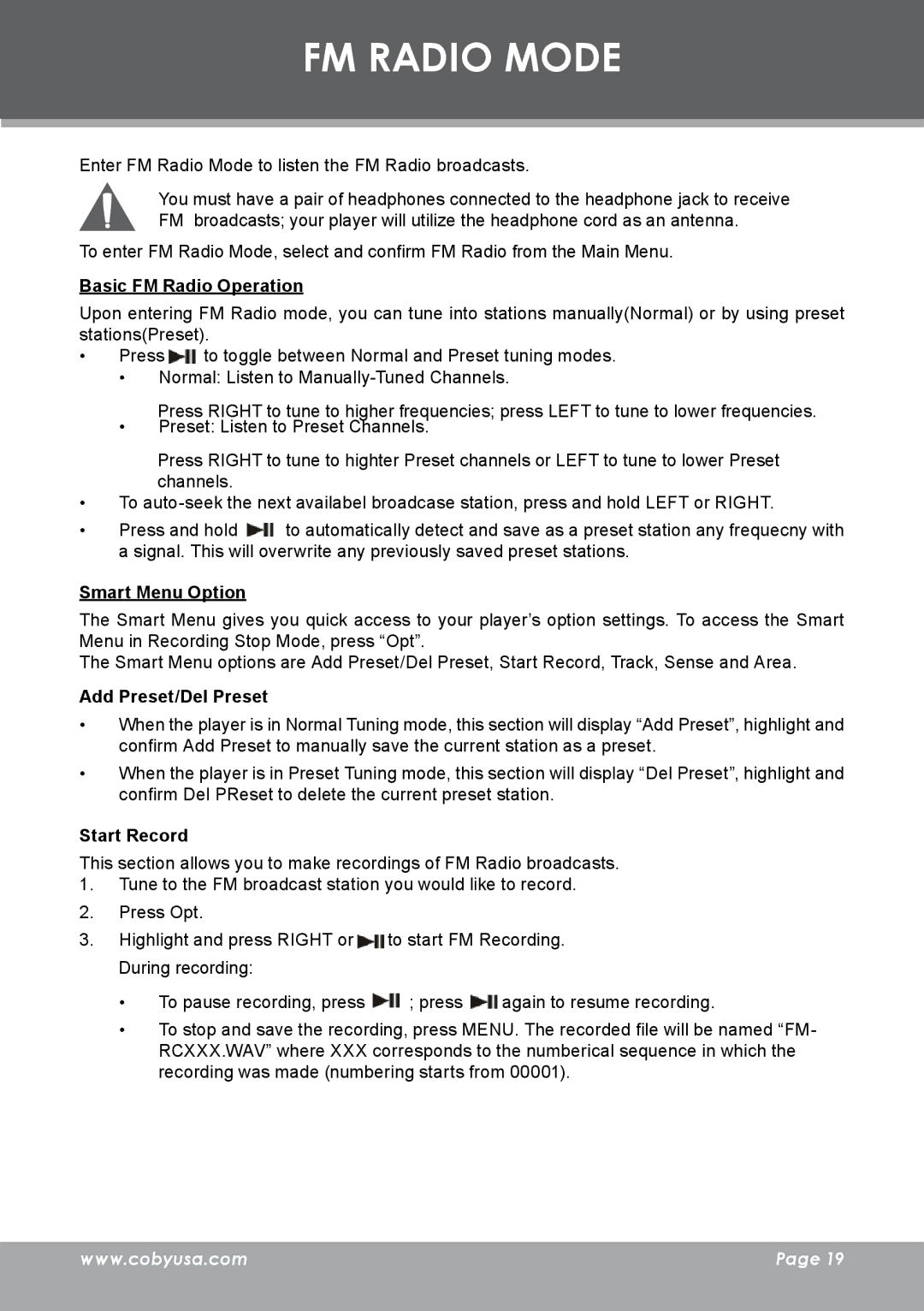 COBY electronic MP-C983 FM Radio Mode, Basic FM Radio Operation, Smart Menu Option, Add Preset/Del Preset, Start Record 