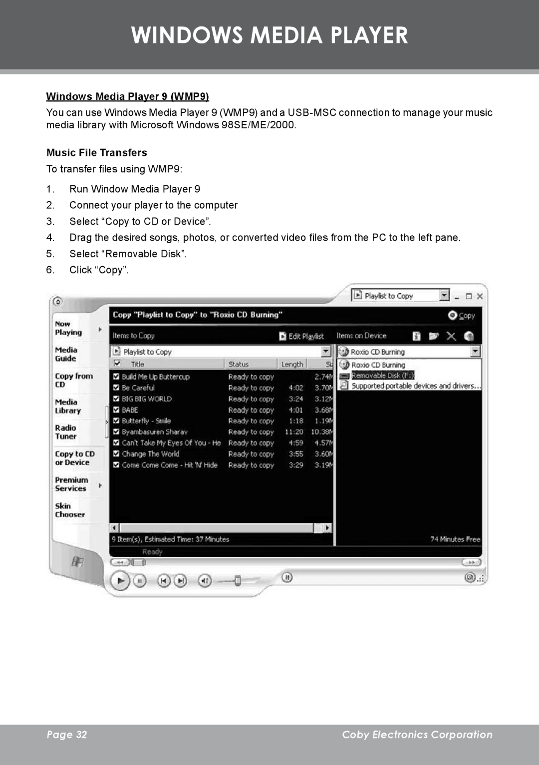 COBY electronic MP-C983 instruction manual Windows Media Player 9 WMP9, Music File Transfers 