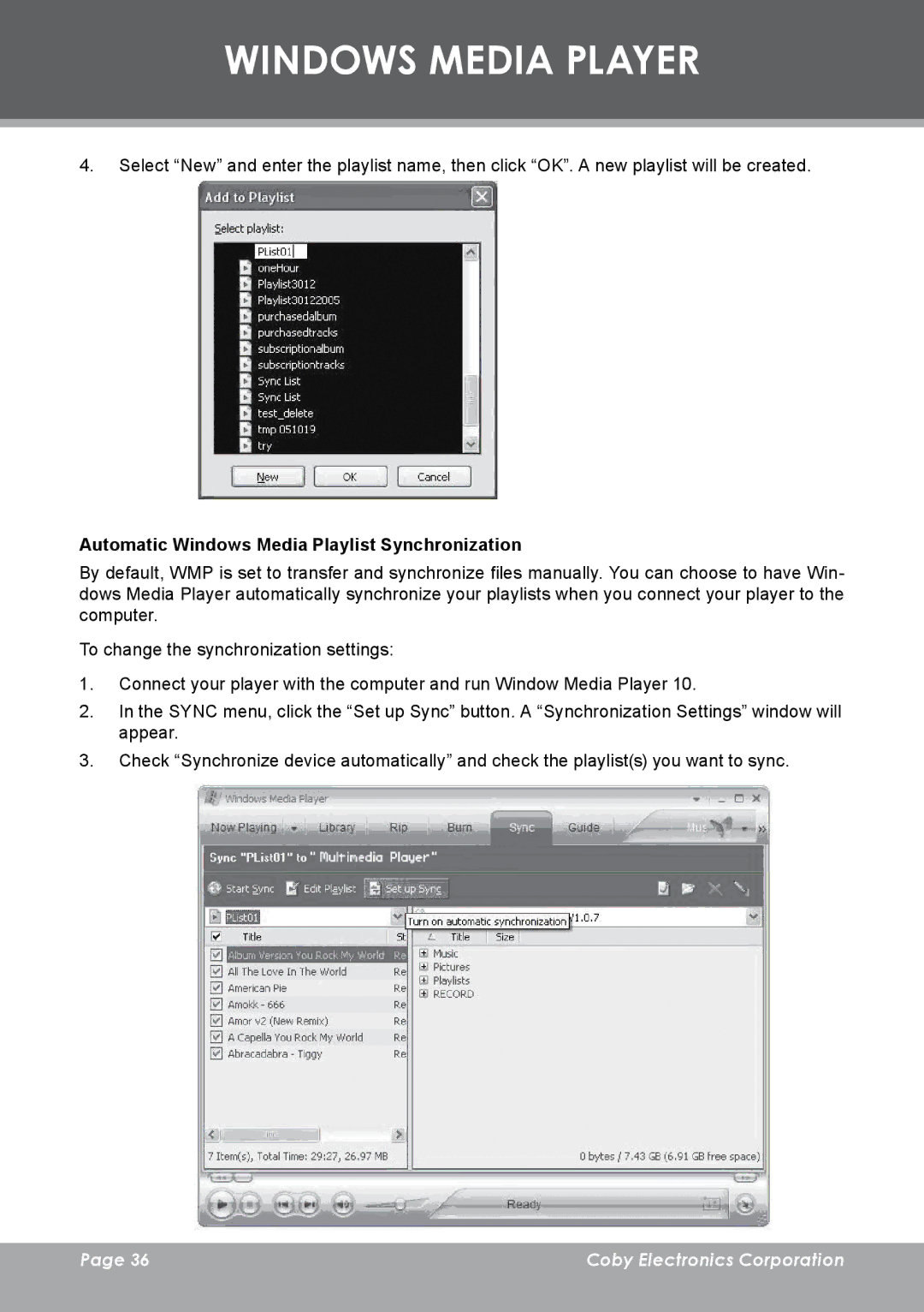 COBY electronic MP-C983 instruction manual Automatic Windows Media Playlist Synchronization 